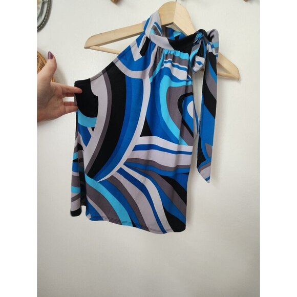 90s blue gray diagonal stripe tie neck sleeveless blouse M/L club career top - Picture 5 of 5